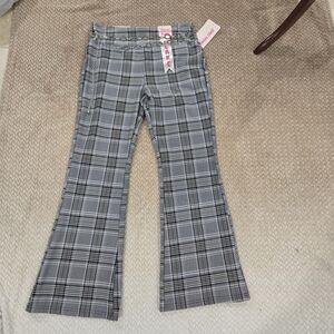 Angel Cult  Womens XL Gray Plaid Flare Stretch Pull On Trousers Silver Belt NWT